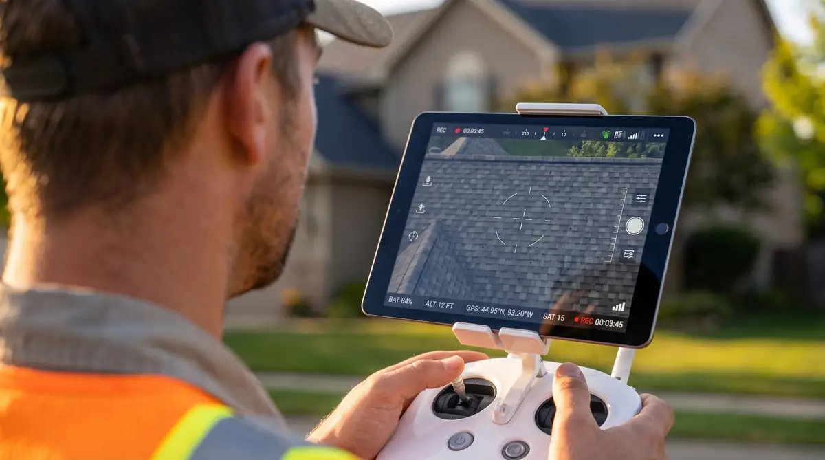 Drone view of a residential roof revealing damage a ground inspection would miss
