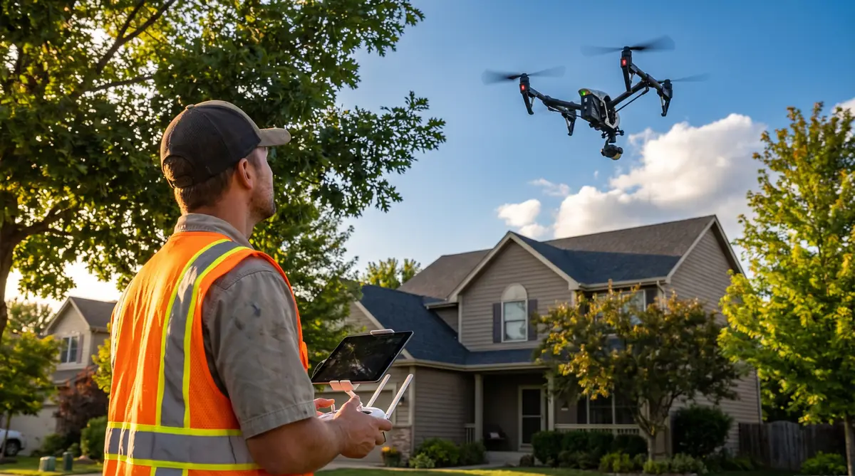Drone performing a free roof inspection on a Twin Cities home