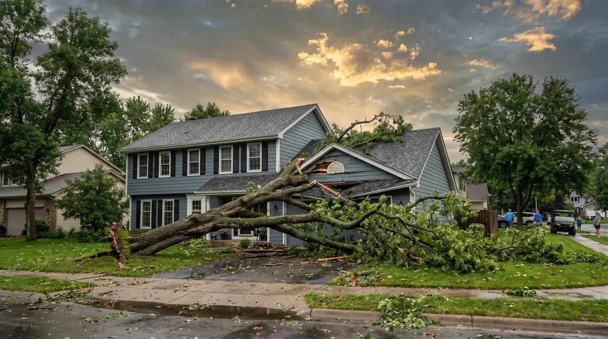 Les Jones Roofing crew assessing storm damage on a residential home